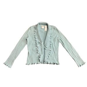 Emma James Women Lettuce Satin Hem Light Blue Tie Front Cardigan Sweater Size MP